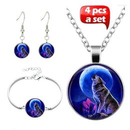 Collier boucles d'oreilles ensemble 4 pièces/ensemble mode fait à la main verre sorcellerie lune nuit hurlement loup pendentif tour de cou Bracelet pour femmes bijoux