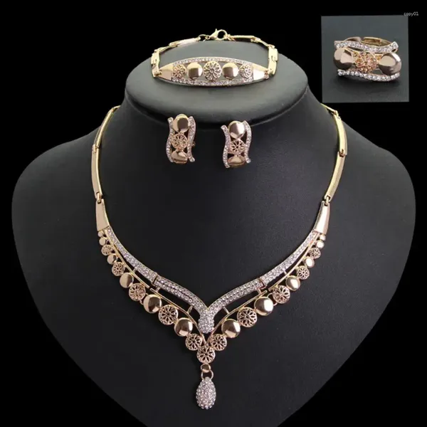 Ensemble de boucles d'oreilles et collier pour femmes, 4 pièces/ensemble, forme géométrique creuse, Piercing, Bracelet, bague, strass, ras du cou, accessoire de bijoux pour femmes