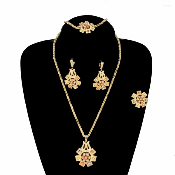 Collar Pendientes Conjunto 4 unids / set Cadena de moda Dubai Collares pendientes chapados en oro para mujeres Bolas de colores Flor Joyería completa FHK16098