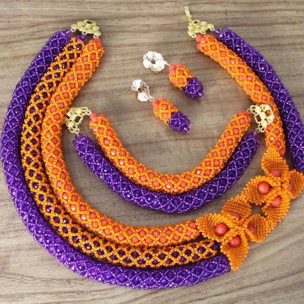 Ensemble de bijoux de mariée africaine, collier et boucles d'oreilles, 4 bijoux, fleurs perlées Orange violet, pour mariages traditionnels, 2023