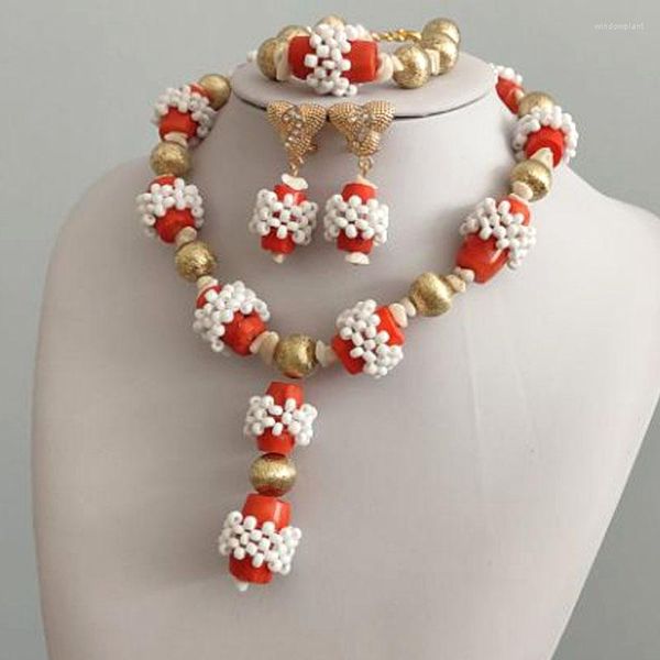 Collier Boucles D'oreilles Ensemble 4UJewelry Femmes Africaines Style Orange Original Corail Blanc Perlé Bijoux De Fête Simple Mariage Nigérian De Mariée 2022