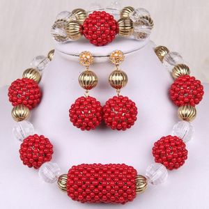 Collier boucles d'oreilles ensemble 4uJewelry corail rouge perles africaines acrylique mariage nigérian or dubaï fait à la main de haute qualité