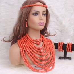 Ketting oorbellen set 4ujewelry luxe oranje /witte echte koraal kralen sieraden 10 lagen nigeria bruiloft voor vrouwen