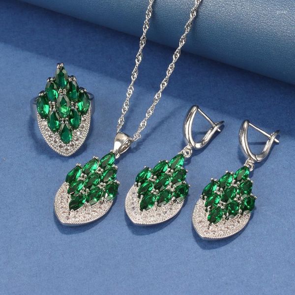Conjunto de pendientes de collar, 5 colores, elegante, moda para mujer, boda, antialérgico, verde, 925, anillo y conjuntos de marca