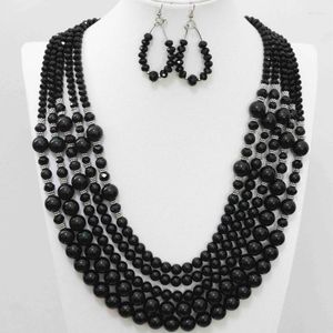 Collier boucles d'oreilles ensemble 5 rangées noir cuisson peinture verre cristal perles en gros mode femmes mariée Jewekrt B983-10