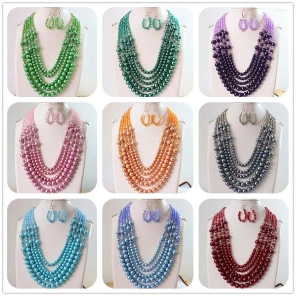 Conjunto de collar y pendientes de cristal de 5 filas, Ábaco Multicolor facetado, cuentas de perlas de concha de imitación redondas, diseño de dijes de 20-25,5 