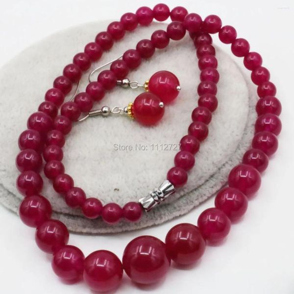 Ensemble de boucles d'oreilles collier 6-14mm naturel Rose rouge Jade pierre tour chaîne boucles d'oreilles ensembles perles rondes femmes fabrication de bijoux cadeaux accessoires 18 pouces