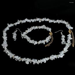 Colar Conjunto de Brincos 6-8mm Branco Cristal de Rocha Gemas Naturais Mulheres Chockers Pulseira Joias 17,5" 7-8"