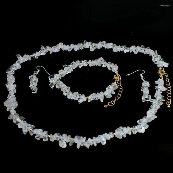Conjunto de pendientes de collar, gemas naturales de cristal de roca blanca de 6-8mm, pulsera de Gargantilla para mujer, joyería de 17,5 