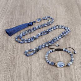 Collier boucles d'oreilles ensemble 6mm Bracelet en pierre naturelle Vintage 108 perles Mala gland bleu colliers méditation Yoga chapelet esprit bijoux cadeaux