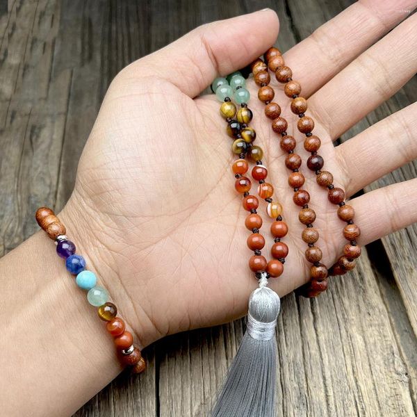 Collar Pendientes Conjunto 6MM Cuentas de Madera Natural 108 Japamala 7 Chakras Pulseras de Meditación de Piedra Borla Budista Mala Mujeres Hombres Rosario