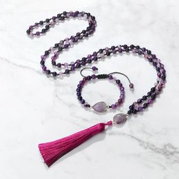 Ensemble de collier et boucles d'oreilles en pierre d'agate violette de 6 mm, 108 perles, colliers, bracelet, méditation, yoga, bénédiction, bijoux, chapelet pour femmes et hommes