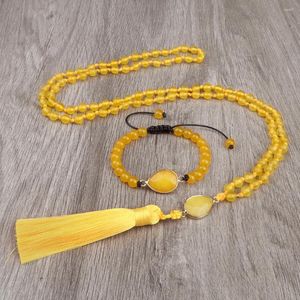 Ketting Oorbellen Set 6mm Geel Topaas Jade Chalcedoon Armbanden Dames Heren 108 Mala Natuursteen Kralen Verstelbare Kettingen Vriendschap