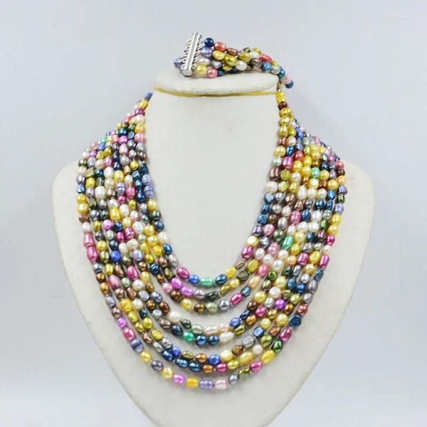 Ensemble de collier et boucles d'oreilles, 8 rangées de 5 à 6 Mm, couche de couleur à profusion, Bracelet de perles d'eau douce