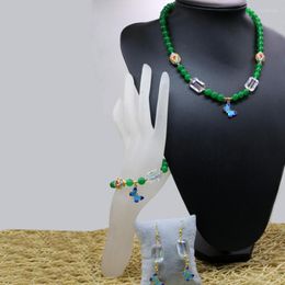 Conjunto de collar y pendientes de 8mm, piedra Natural, Jades de Calcedonia Verde, pulseras de hilo de cuentas redondas, joyería elegante para mujer de 18 "/7,5" B2928
