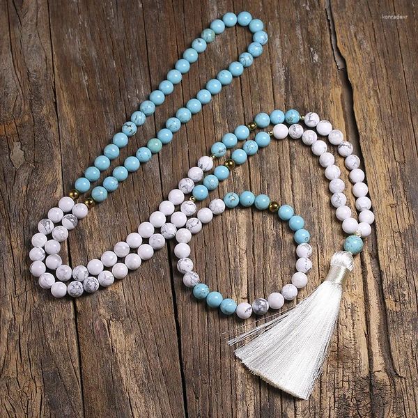 Conjunto de collar y pendientes de 8 mm, cuentas de piedra de howlita blanca natural y pulsera de turquesa azul para mujeres y hombres, conjuntos de meditación 108, joyería Mala