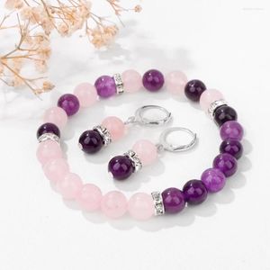 Ensemble de boucles d'oreilles et collier en perles de calcédoine rose violet de 8mm, deux couleurs, pierre naturelle, hématite, opale, jade, bijoux pour femmes