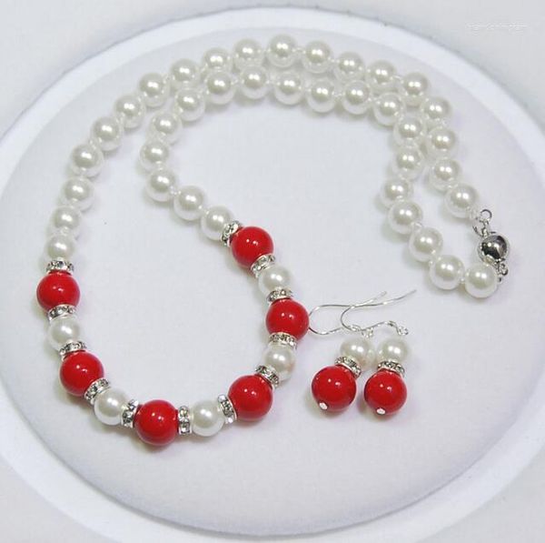 Collier Boucles d'Oreilles 8mm Blanc Coquillage Perle / 10mm Corail Rouge Perles Rondes
