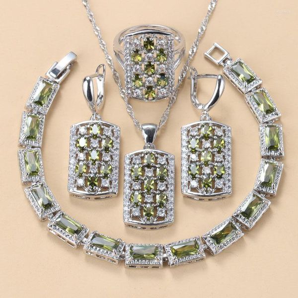 Boucles d'oreilles de collier Ensemble 925 Marquez de bijoux authentique Stone verte olive et femmes Bracelet de costume ￠ la mode