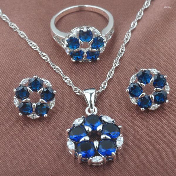 Conjunto de collar y pendientes de 925 marcas, anillo colgante de circonita azul excepcional para mujer TZ0384