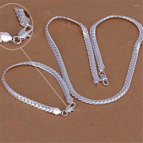 Collar Pendientes Set 925 Color plata Regalos de Navidad Estilo europeo 6MM Cadena plana Pulseras Moda para hombre Mujer