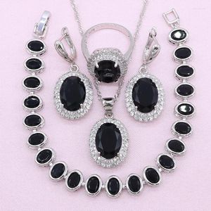 Ensemble collier et boucles d'oreilles en argent 925 pour femmes, cadeau de noël classique, noir et blanc, zircone cubique, pendentif, bague, Bracelet