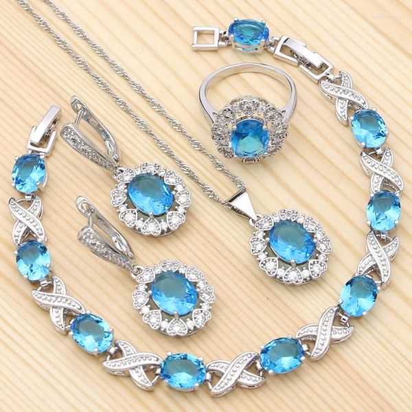 Collier boucles d'oreilles ensemble 925 argent Kits fiançailles pour femmes bleu ciel zircon cubique anneau Bracelet pendentif