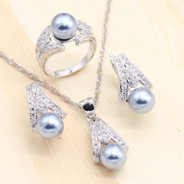 Conjunto de pendientes de collar, colgante de perla de agua dulce de plata 925, anillos de boda para fiesta de baile, joyería, caja de regalo gratis