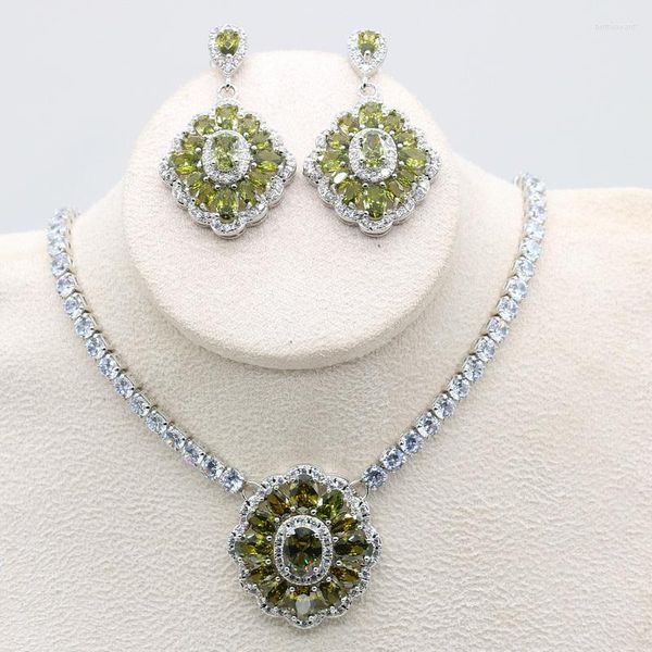 Collier boucles d'oreilles ensemble 925 timbre vert Olive zircone boucle d'oreille pour les femmes de luxe mariage fête bijoux