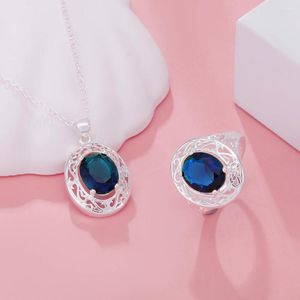 Ensemble de collier et boucles d'oreilles en argent 925, joli pendentif ovale en cristal bleu, bagues pour femmes, à la mode, fête de mariage