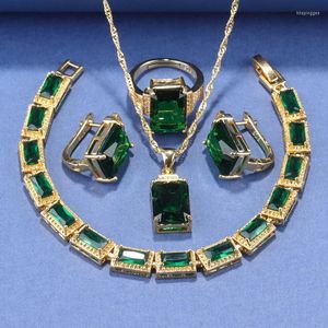 Collier boucles d'oreilles ensemble Abaya pour femmes Dubai 2023 à la mode vert Zircon Bracelet et bague couleur or accessoires de mariage