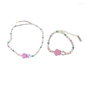 Collier boucles d'oreilles ensemble chaîne claviculaire réglable Y2k collier/bracelet chaînes de poignet cristal perlé colliers fille bracelets avec breloque fleur