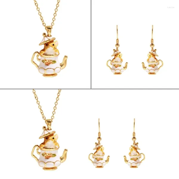 Ensemble collier et boucles d'oreilles, Adorable théière Chipmunk, bijoux à la mode, breloque en émail, cadeau de dessin animé pour femmes et filles