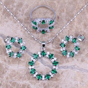 Ketting oorbellen set schattige groene kubieke zirkonia verzilverde hanger ring maat 6/7 8 9 10 s0141