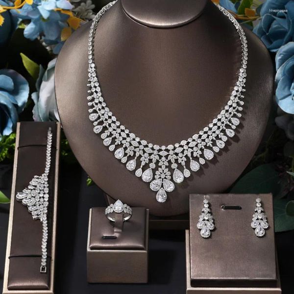 Ensemble collier et boucles d'oreilles en zircone cubique pour femmes, 4 pièces, bijoux de luxe pour fête de mariage, accessoires en cristal, cadeau