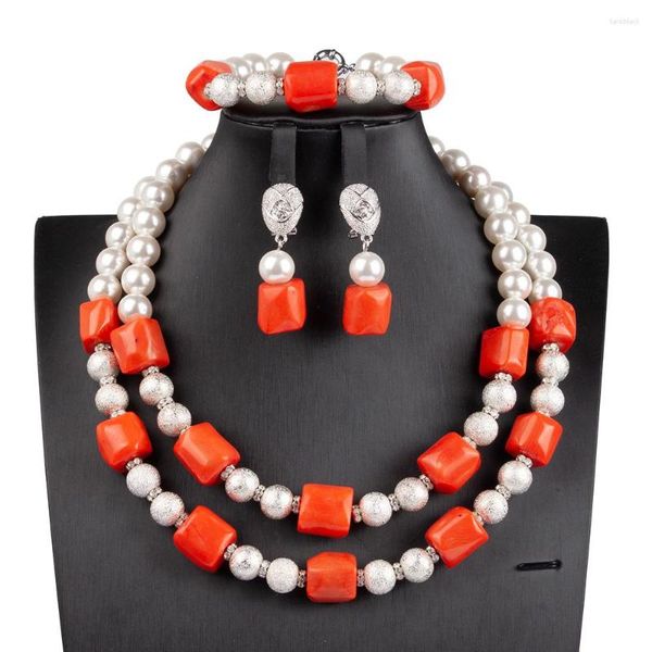 Conjunto de collar y pendientes con cuentas de Coral africano, joyería de boda, babero de perlas de concha blanca redonda, accesorios de fiesta para mujer 2023