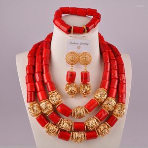 Conjunto de pendientes de collar, joyería Natural de Coral africano, cuentas rojas para boda nigeriana