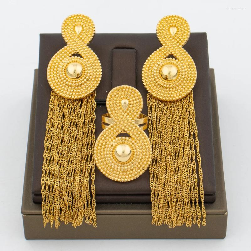 Conjunto de collar y pendientes, joyería africana de Color dorado de Dubai para mujer, diseño de 8 formas, borla y anillo, fiesta nupcial, aniversario bohemio