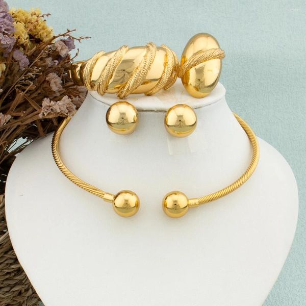 Conjunto de collar y pendientes, joyería de cuentas de moda africana para mujer, Gargantilla chapada en oro de Dubái, pulsera, anillo, regalo nupcial de Nigeria