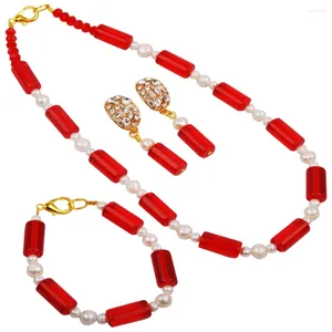 Ensemble collier et boucles d'oreilles, bijoux à la mode africaine, cristal rouge et perle d'eau douce blanche