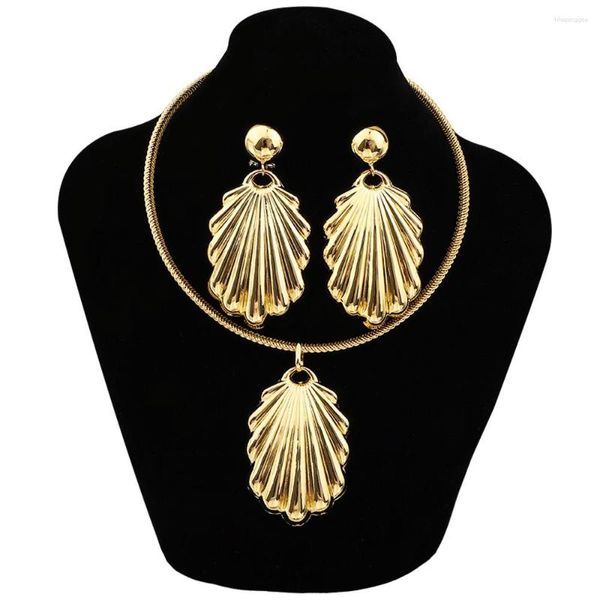 Collier boucles d'oreilles ensemble couleur or africain bijoux pour femmes forme de coquille grand pendentif boucle d'oreille mariage anniversaire fête cadeau