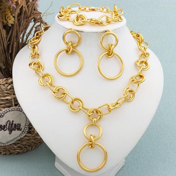 Collier boucles d'oreilles ensemble bijoux plaqué or africain mode chaîne Dubai cerceau grand cercle cuivre Bracelet saint valentin fête cadeau