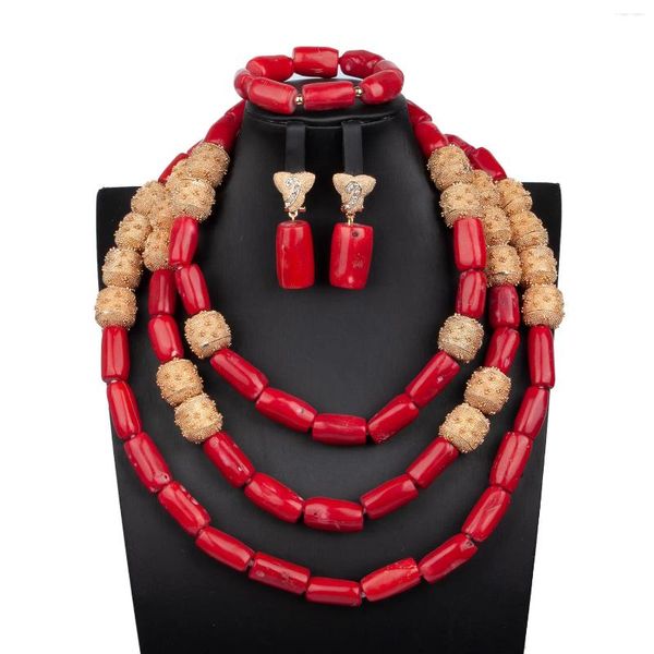 Conjunto de collar y pendientes con cuentas de oro africano, cuentas de Coral cilíndricas, joyería hecha a mano de moda de color rojo oscuro Original para mujer, novia y boda