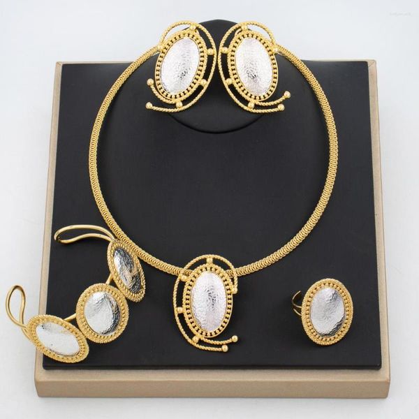 Collar Pendientes Conjunto Joyería Africana Geometría Colgante Dubai Etíope Bicolor Joyería Pendiente Pulsera Anillos Para Mujeres Gargantilla Nupcial