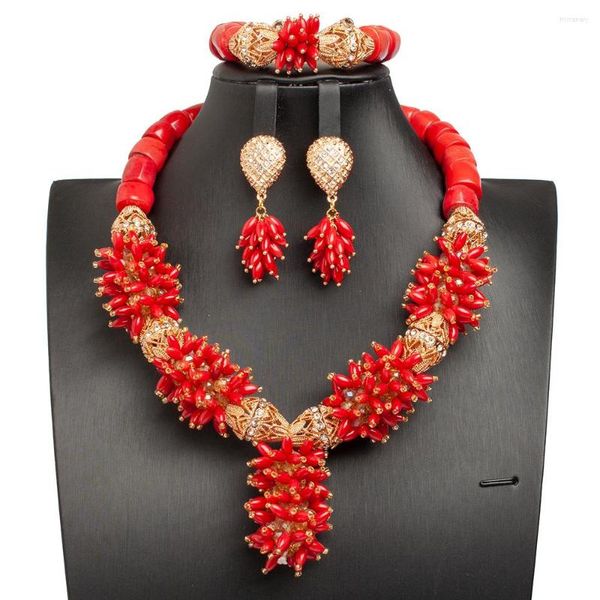 Collier boucles d'oreilles ensemble bijoux africains corail rouge naturel perles de mariage nigérian tour de cou perlé CNR064