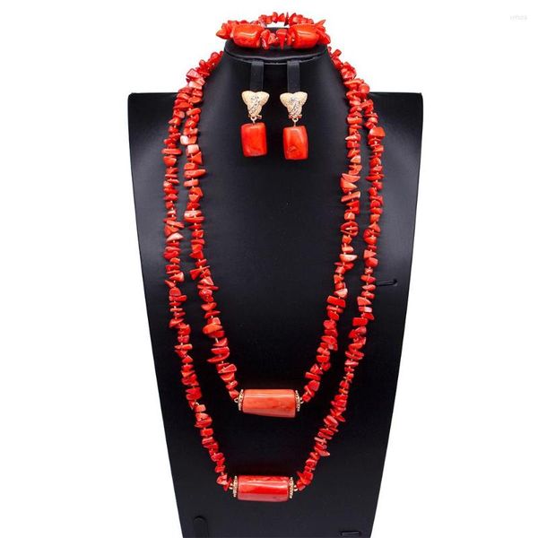 Collier boucles d'oreilles ensemble africain Nigeria perles de corail bijoux puces bijoux de mariée naturels Orange rouge blanc CNR369