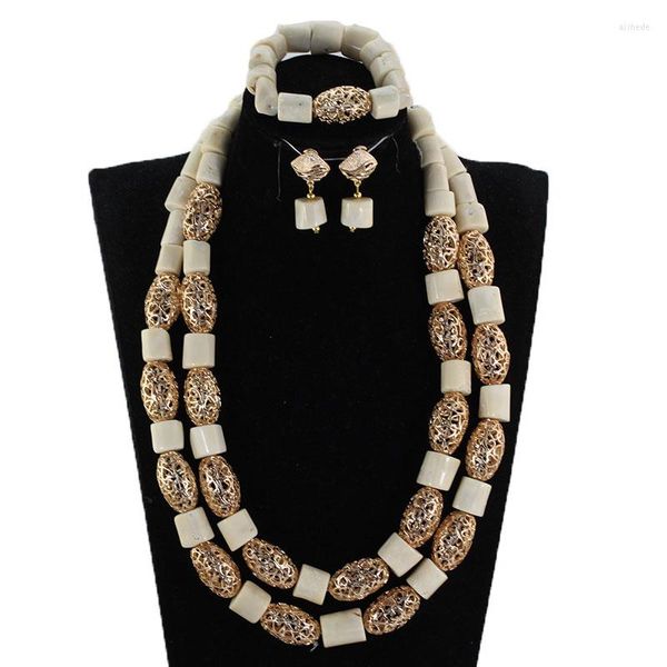 Collier boucles d'oreilles ensemble perles de mariage nigérianes africaines bijoux corail blanc Dubai or CNR890