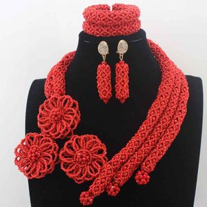 Collier boucles d'oreilles ensemble cristal rouge africain perles de mariage bijoux fleur à la main Bridemaid HD8556