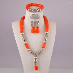 Conjunto de collar y pendientes, joyería africana para fiesta de cumpleaños y boda, novia nigeriana casada, accesorio de vestido de Coral naranja Natural, AU-65