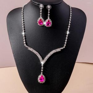 Boucles d'oreilles de collier Set Aihua Luxurious Rose Red Water Drop Crystal For Women State Royal CZ Zirconia Bridal Wedding